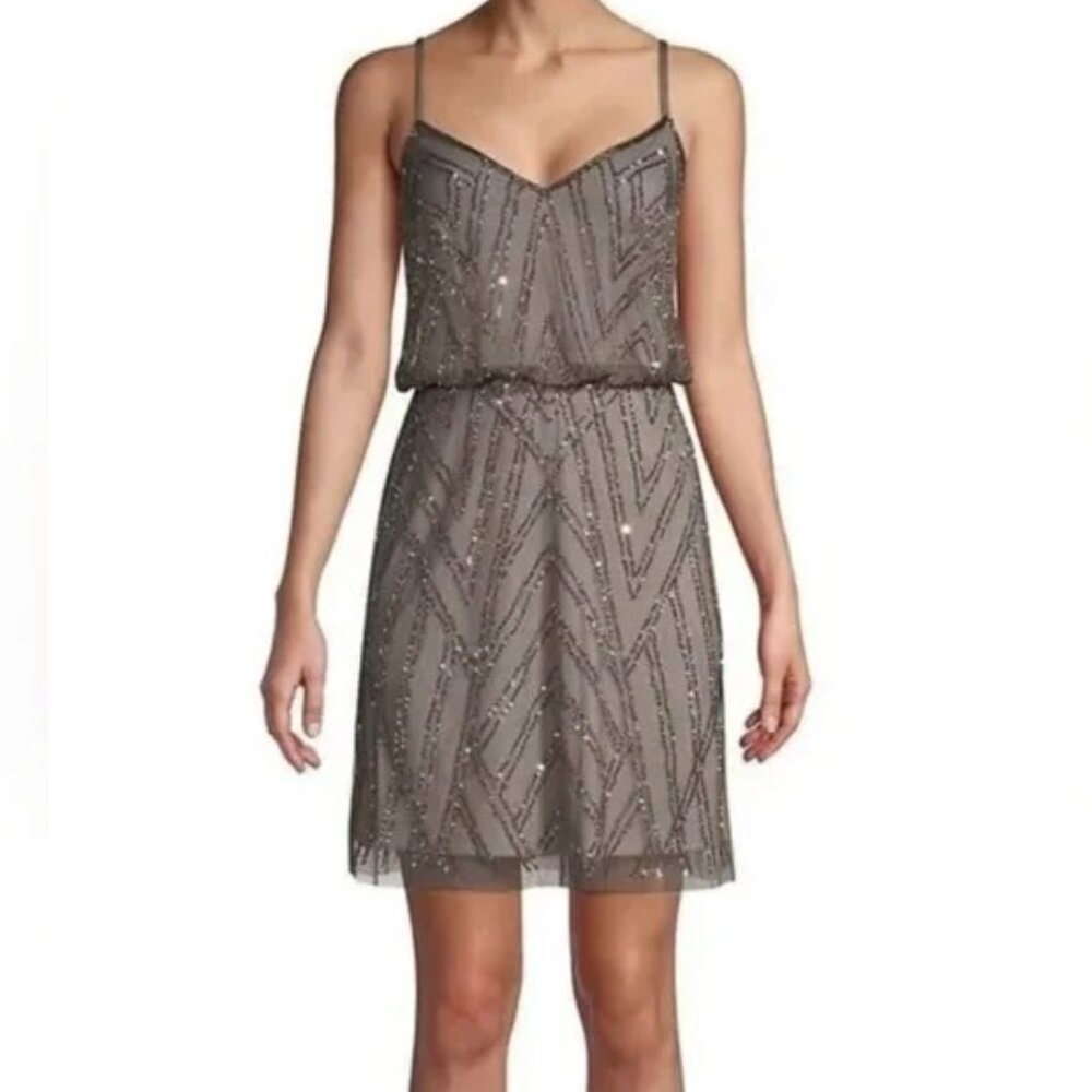 Adrianna Papell Gray Beaded Embellished Blouson Cocktail Dress Size 0